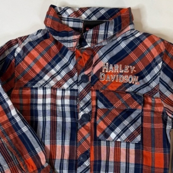 Harley Davidson Orange Blue Plaid Long Sleeve Snap Closure Onesie Collar Sz 18 M - Picture 3 of 7